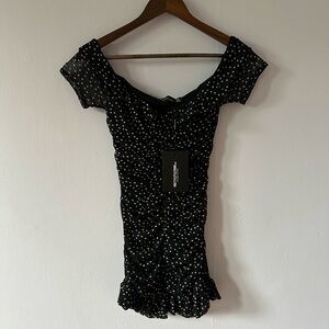 NWT Pretty Little Thing mini dress polka dots black white retro tulle mesh